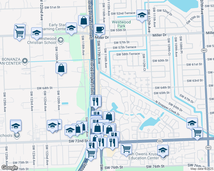 map of restaurants, bars, coffee shops, grocery stores, and more near 6303 Southwest 116th Place in Miami