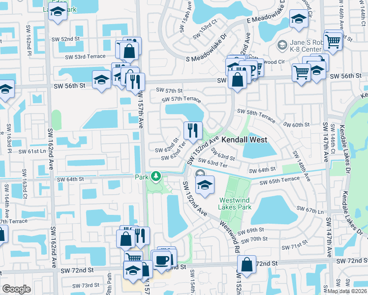 map of restaurants, bars, coffee shops, grocery stores, and more near 15476 Southwest 62nd Terrace in Miami