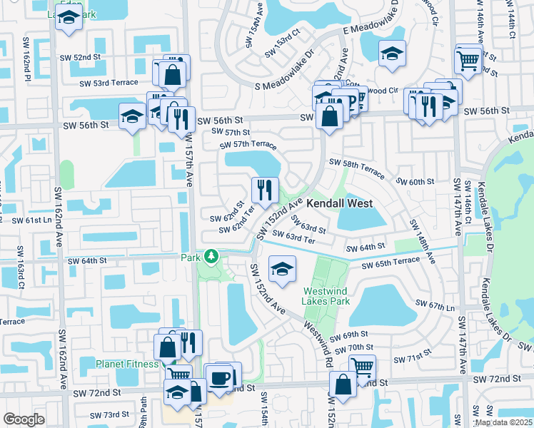 map of restaurants, bars, coffee shops, grocery stores, and more near 15334 Southwest 63rd Terrace in Miami