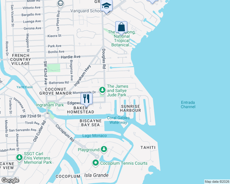 map of restaurants, bars, coffee shops, grocery stores, and more near 50 South Prospect Drive in Coral Gables