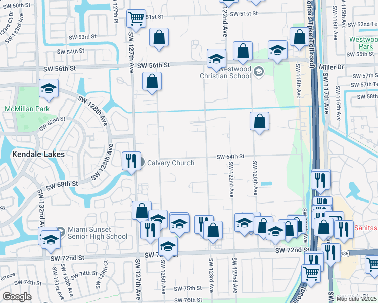 map of restaurants, bars, coffee shops, grocery stores, and more near 12355 Southwest 64th Street in Miami