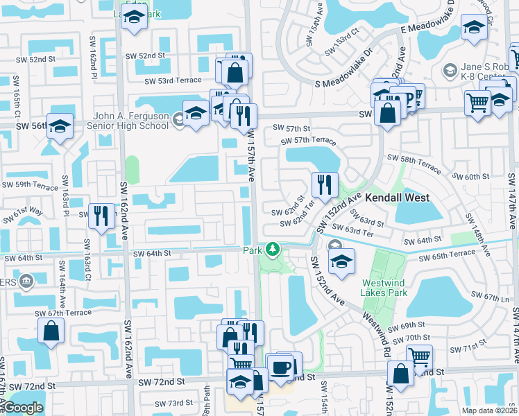 map of restaurants, bars, coffee shops, grocery stores, and more near 6130 Southwest 156th Court in Miami
