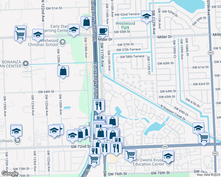 map of restaurants, bars, coffee shops, grocery stores, and more near 6303 Southwest 116th Place in Miami