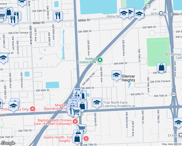 map of restaurants, bars, coffee shops, grocery stores, and more near 8461 Southwest 68th Street Road in Miami