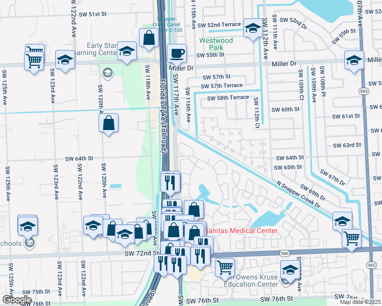 map of restaurants, bars, coffee shops, grocery stores, and more near 6303 Southwest 116th Place in Miami
