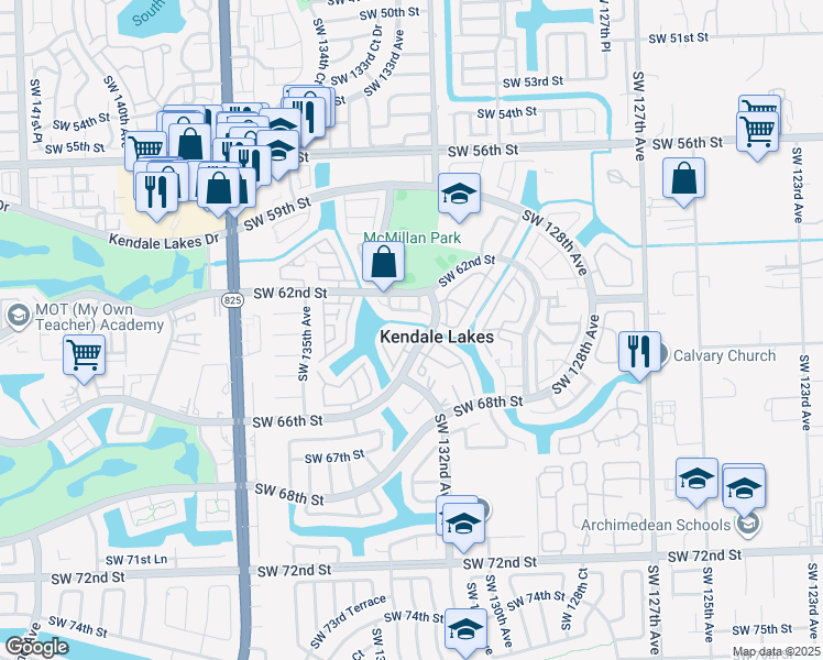 map of restaurants, bars, coffee shops, grocery stores, and more near in Kendale Lakes