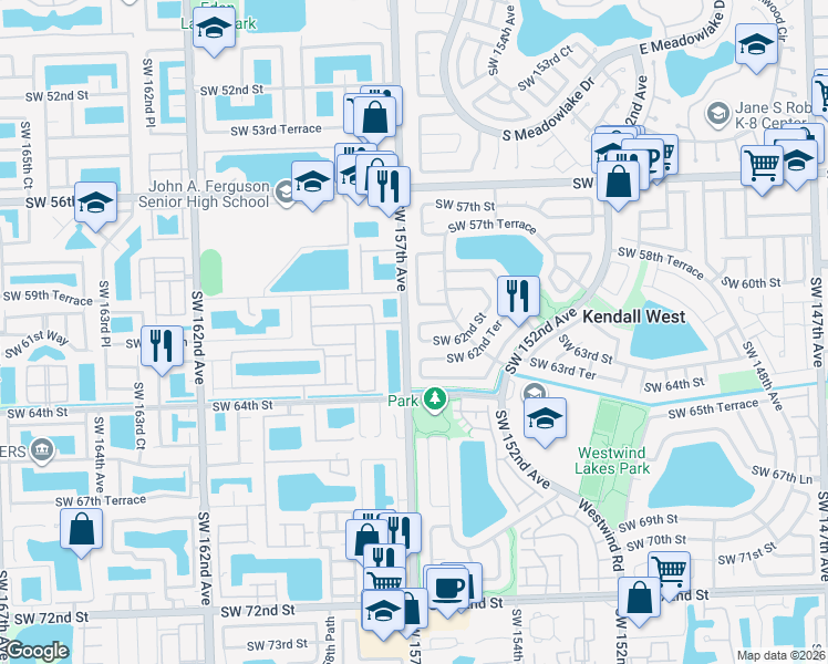 map of restaurants, bars, coffee shops, grocery stores, and more near 6130 Southwest 156th Court in Miami