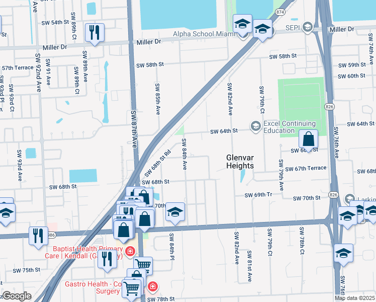 map of restaurants, bars, coffee shops, grocery stores, and more near 8335 Southwest 66th Street in Miami