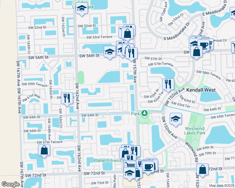 map of restaurants, bars, coffee shops, grocery stores, and more near 15836 Southwest 61st Street in Miami