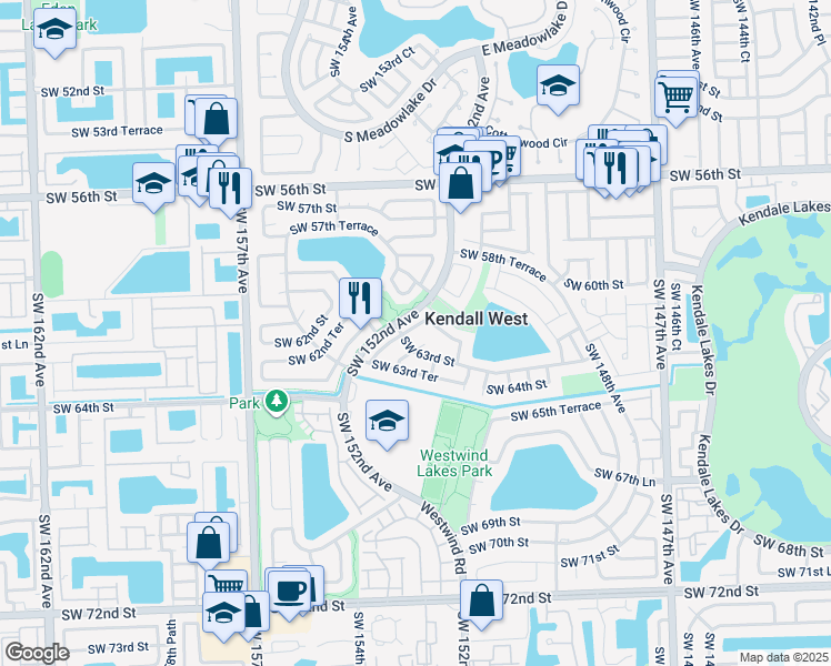 map of restaurants, bars, coffee shops, grocery stores, and more near 6263 Southwest 151st Place in Miami