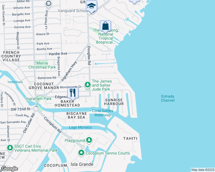 map of restaurants, bars, coffee shops, grocery stores, and more near 90 South Prospect Drive in Coral Gables