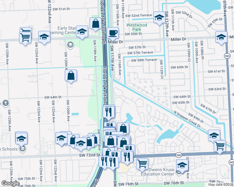 map of restaurants, bars, coffee shops, grocery stores, and more near 6303 Southwest 116th Place in Miami