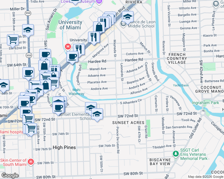 map of restaurants, bars, coffee shops, grocery stores, and more near 1104 Andora Avenue in Coral Gables