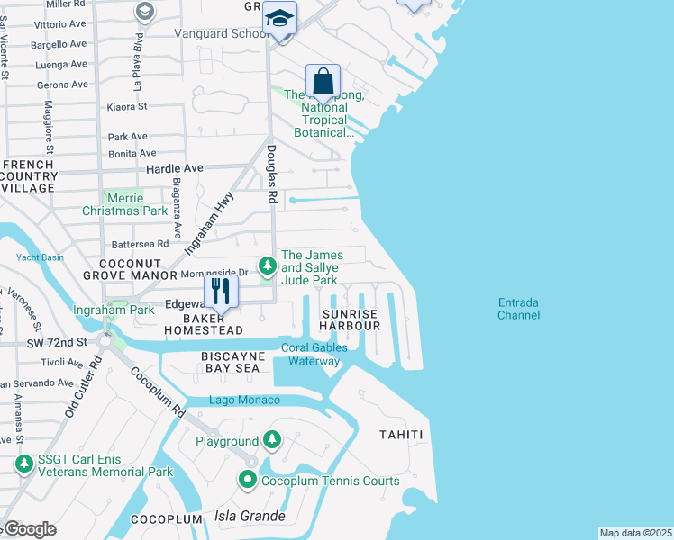 map of restaurants, bars, coffee shops, grocery stores, and more near 90 South Prospect Drive in Coral Gables