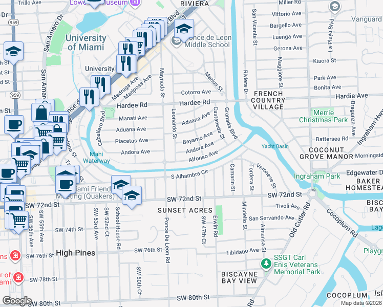 map of restaurants, bars, coffee shops, grocery stores, and more near 1020 Andora Avenue in Coral Gables