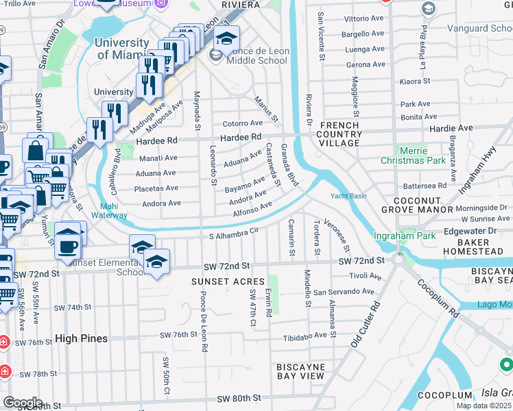 map of restaurants, bars, coffee shops, grocery stores, and more near 945 Alfonso Avenue in Coral Gables