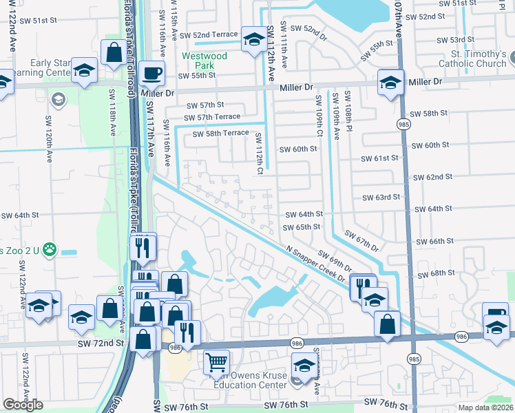 map of restaurants, bars, coffee shops, grocery stores, and more near 6341 Southwest 112th Place in Miami