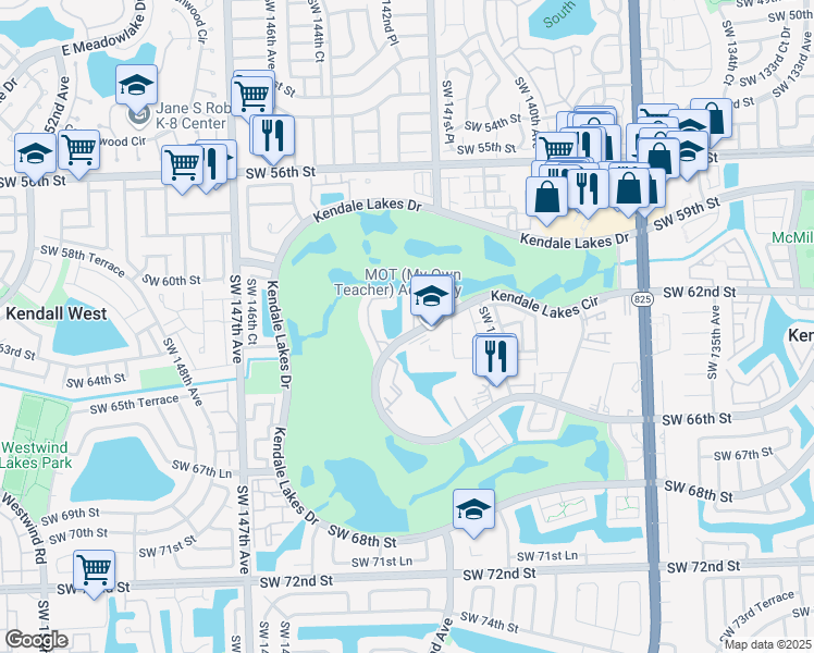 map of restaurants, bars, coffee shops, grocery stores, and more near 14277 Southwest 62nd Street in Miami