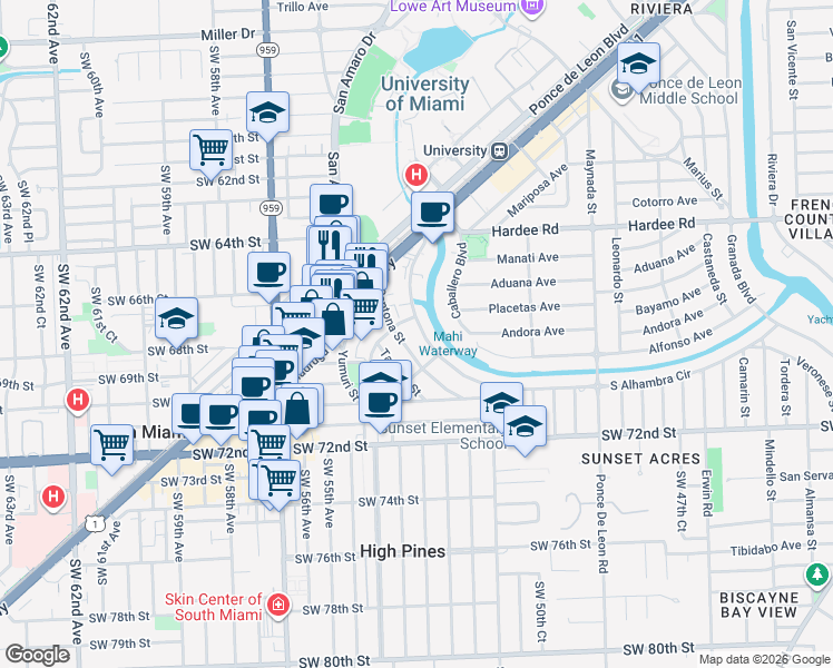 map of restaurants, bars, coffee shops, grocery stores, and more near 1244 South Alhambra Circle in Coral Gables