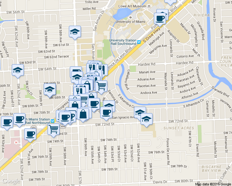 map of restaurants, bars, coffee shops, grocery stores, and more near 1244 South Alhambra Circle in Coral Gables