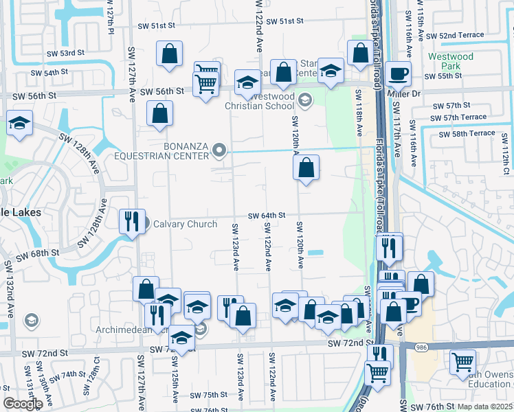 map of restaurants, bars, coffee shops, grocery stores, and more near 12201 Southwest 64th Street in Miami