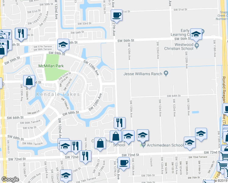 map of restaurants, bars, coffee shops, grocery stores, and more near 6225 Southwest 127th Avenue in Miami