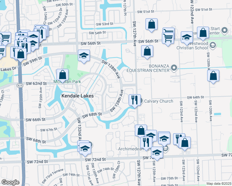 map of restaurants, bars, coffee shops, grocery stores, and more near 12832 Southwest 62nd Lane in Miami
