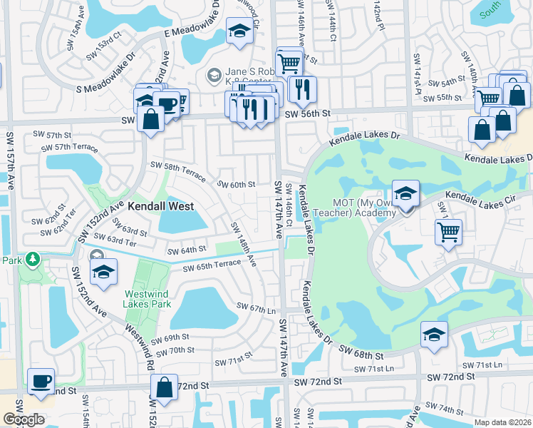 map of restaurants, bars, coffee shops, grocery stores, and more near 6134 Southwest 147th Court in Miami