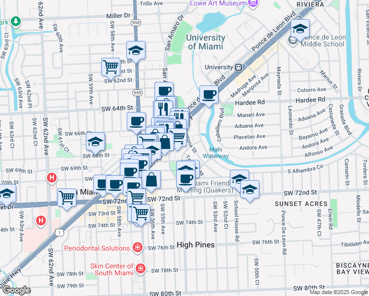 map of restaurants, bars, coffee shops, grocery stores, and more near 6580 Santona Street in Coral Gables