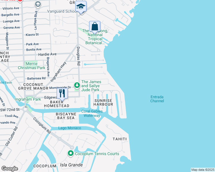 map of restaurants, bars, coffee shops, grocery stores, and more near 140 South Prospect Drive in Coral Gables