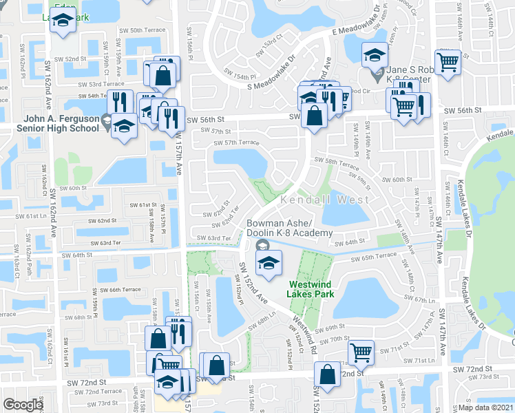 map of restaurants, bars, coffee shops, grocery stores, and more near 15334 Southwest 63rd Terrace in Miami