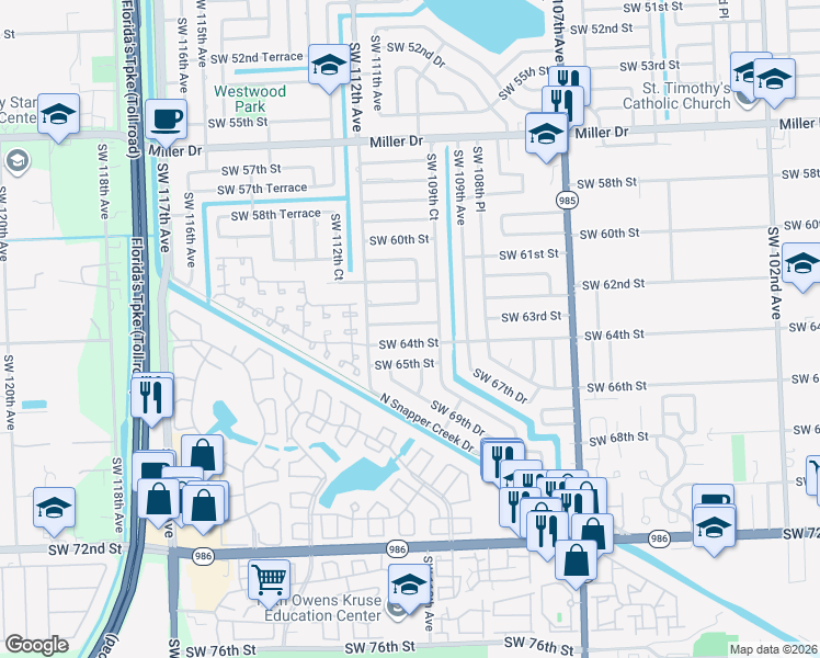 map of restaurants, bars, coffee shops, grocery stores, and more near 11040 Southwest 63rd Terrace in Miami