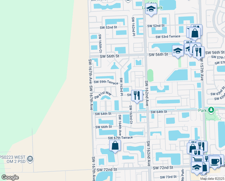 map of restaurants, bars, coffee shops, grocery stores, and more near 6103 Southwest 164th Place in Miami
