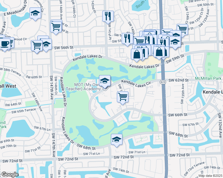 map of restaurants, bars, coffee shops, grocery stores, and more near 14104 Southwest 142nd Avenue in Miami