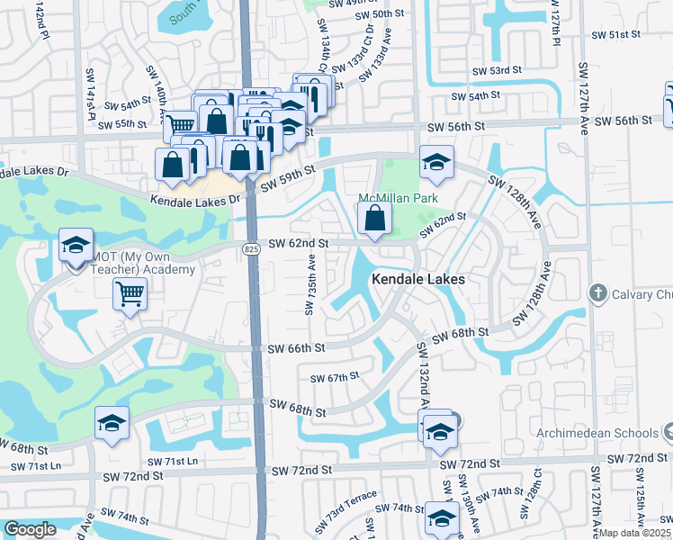 map of restaurants, bars, coffee shops, grocery stores, and more near 13444 Southwest 62nd Street in Miami