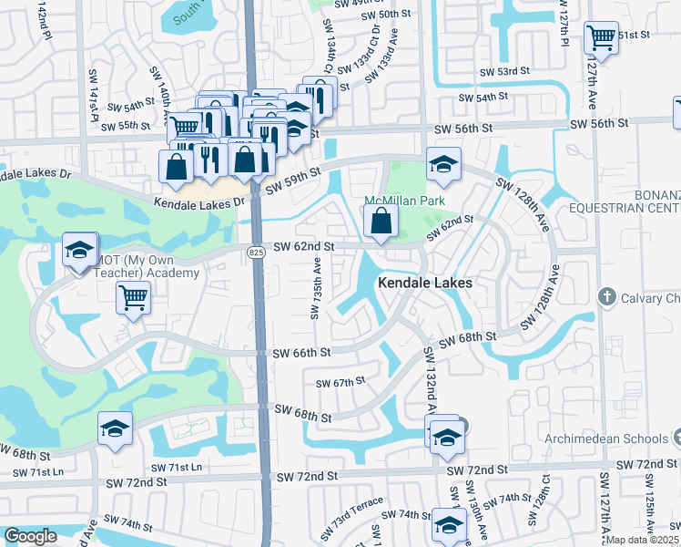 map of restaurants, bars, coffee shops, grocery stores, and more near 13420 Southwest 62nd Street in Miami