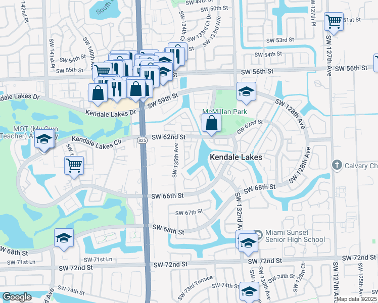 map of restaurants, bars, coffee shops, grocery stores, and more near 13420 Southwest 62nd Street in Miami