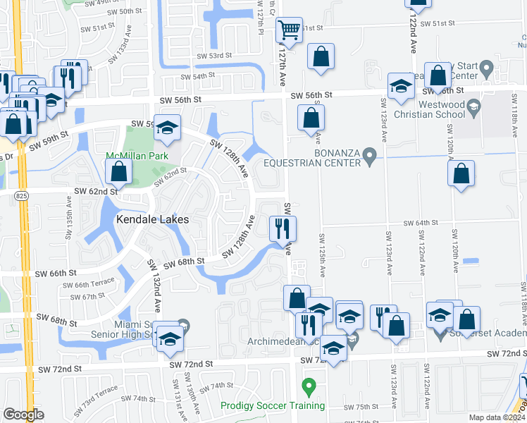 map of restaurants, bars, coffee shops, grocery stores, and more near 6245 Southwest 127th Place in Miami