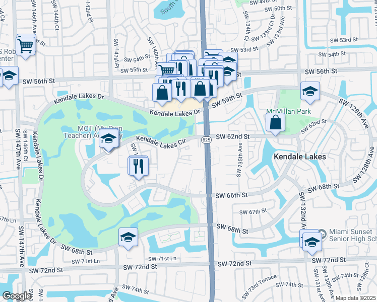 map of restaurants, bars, coffee shops, grocery stores, and more near 6231 Southwest 138th Court in Miami