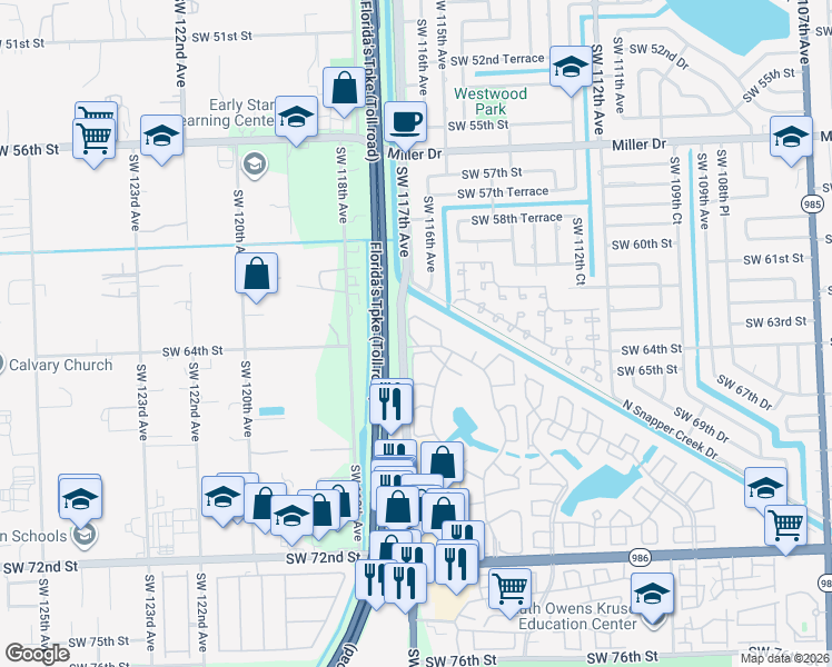 map of restaurants, bars, coffee shops, grocery stores, and more near 6303 Southwest 116th Place in Miami