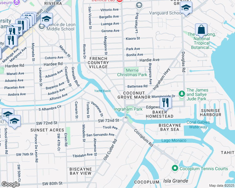 map of restaurants, bars, coffee shops, grocery stores, and more near 6708 San Vicente Street in Coral Gables
