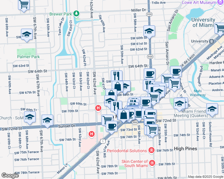 map of restaurants, bars, coffee shops, grocery stores, and more near 5924 Southwest 67th Street in South Miami