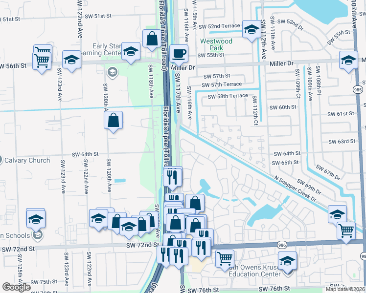 map of restaurants, bars, coffee shops, grocery stores, and more near 6303 Southwest 116th Place in Miami
