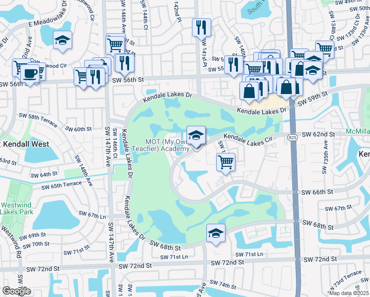 map of restaurants, bars, coffee shops, grocery stores, and more near 14277 Southwest 62nd Street in Miami