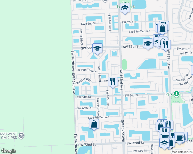 map of restaurants, bars, coffee shops, grocery stores, and more near 6104 Southwest 163rd Place in Miami