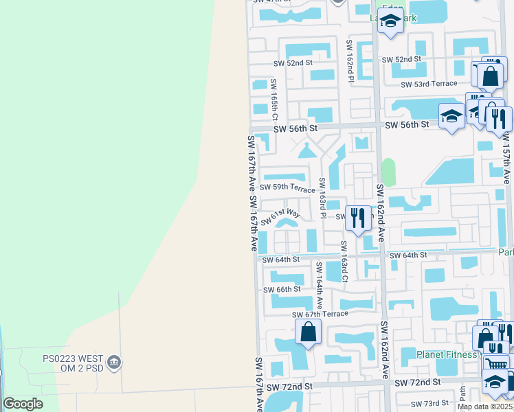 map of restaurants, bars, coffee shops, grocery stores, and more near 6146 Southwest 166th Court in Miami