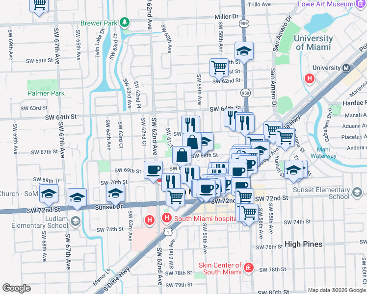map of restaurants, bars, coffee shops, grocery stores, and more near 5924 Southwest 67th Street in South Miami