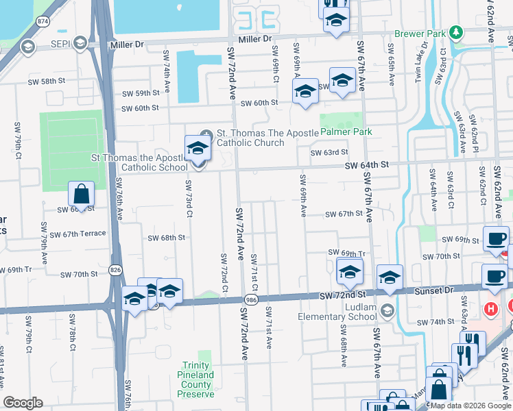 map of restaurants, bars, coffee shops, grocery stores, and more near 7100 Southwest 66th Street in Miami