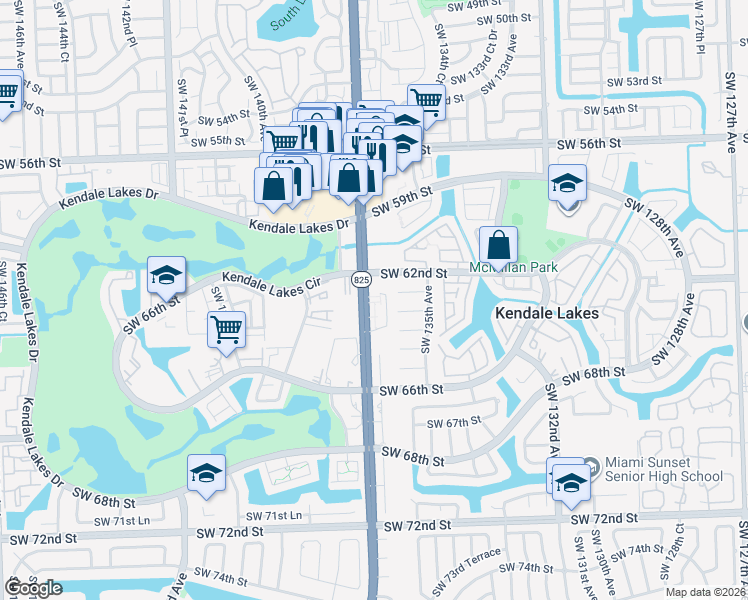 map of restaurants, bars, coffee shops, grocery stores, and more near 6256 Southwest 136th Court in Miami