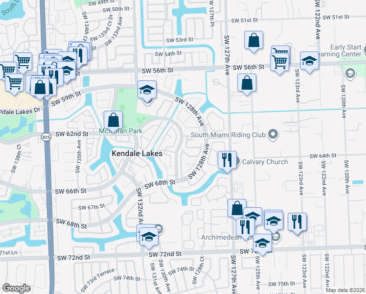 map of restaurants, bars, coffee shops, grocery stores, and more near 12901 Southwest 64th Lane in Miami
